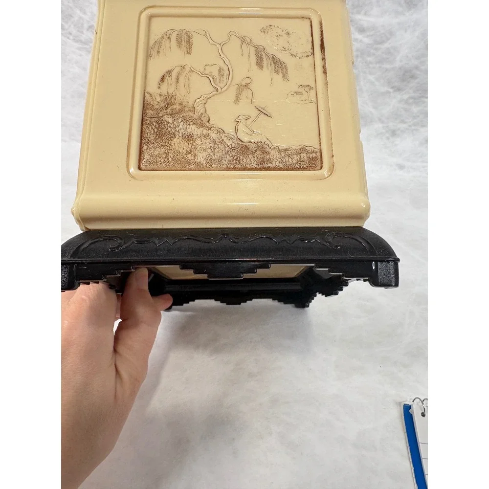 Vintage Chinoiserie Plastic Jewelry Box 3 Drawer Mini Chest Pagoda Cream Black